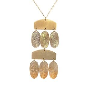 Gold Tone Geometric Statement Necklace Long 32” Fringe Disc Modern Boho